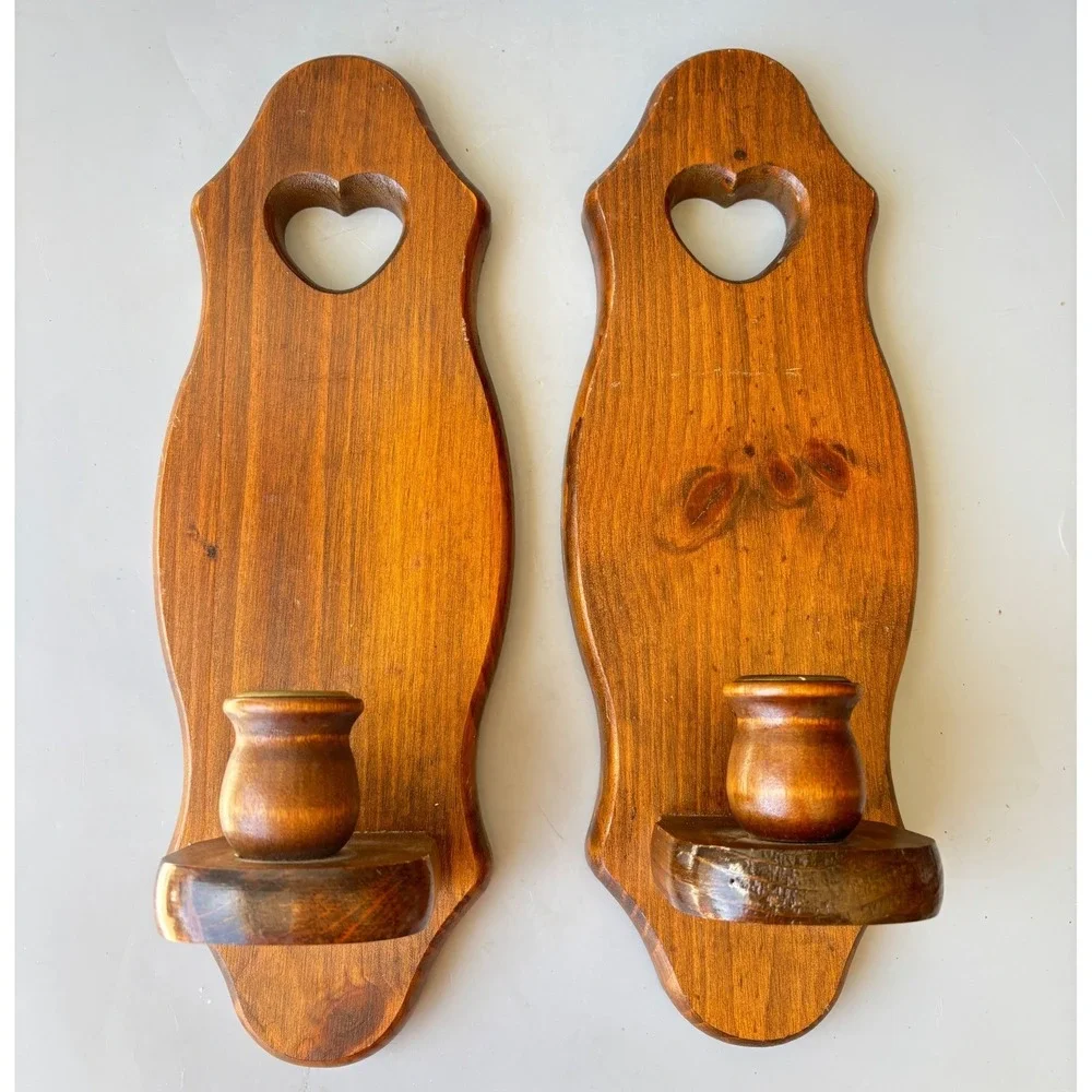 Vintage Wood Mirror Heart Sconce Set 3 Piece Rustic Wall Decor Brown Cottage